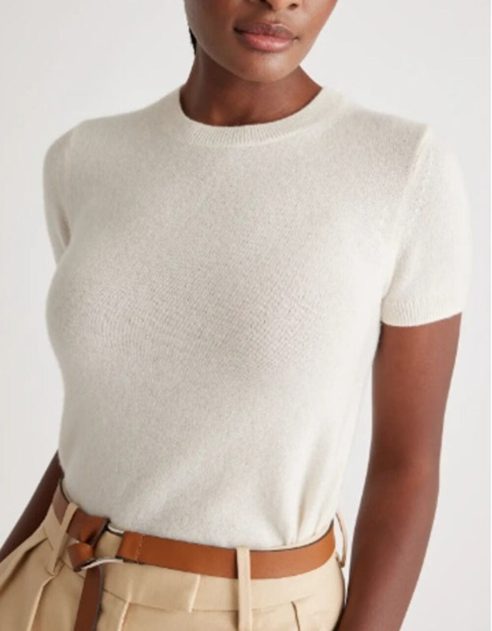Quince Mongolian Cashmere Short Sleeve Crew Neck Sweater Tee Cream Small